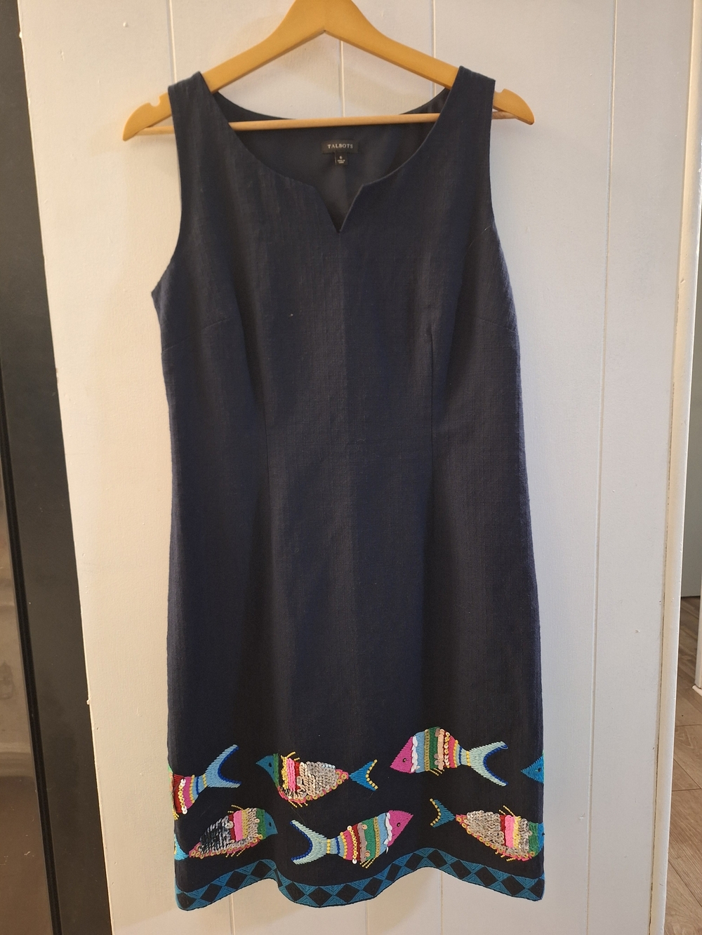 Talbots Navy Sleeveless Embroidered Fish-Trim Dress